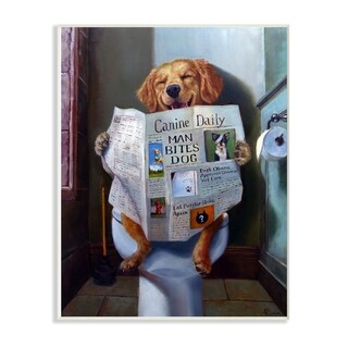 Stupell Dog Reading The Newspaper On Toilet Funny Painting Wall Plaque 