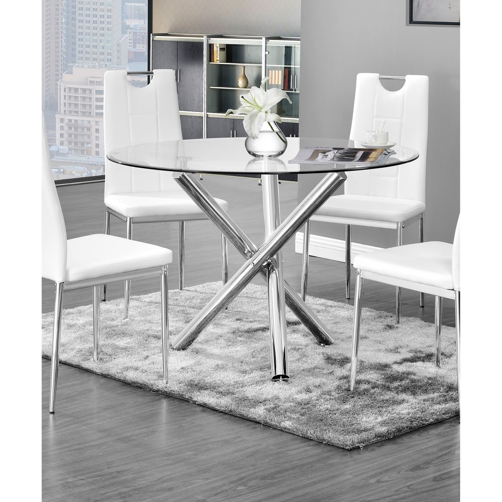 BOWERY HILL Full Extension Solid Wood Round Pedestal Dining Table with  Solid Wood Frame in White 