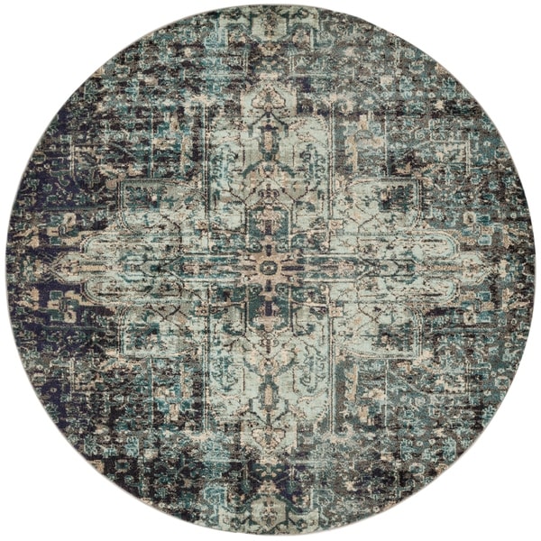 Vintage Bohemian Grey/ Blue Medallion Distressed Round Rug - 6'7" x 6'7" Round