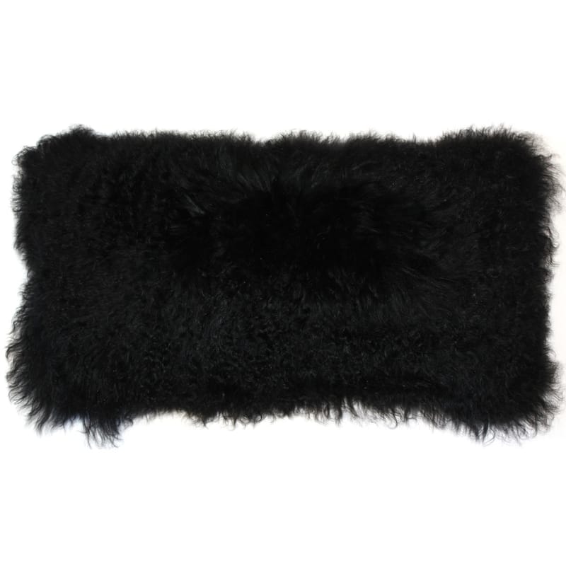 Mongolian Sheepskin Rectangular Wool 12x24 Throw Pillow with Polyfill Insert - Black
