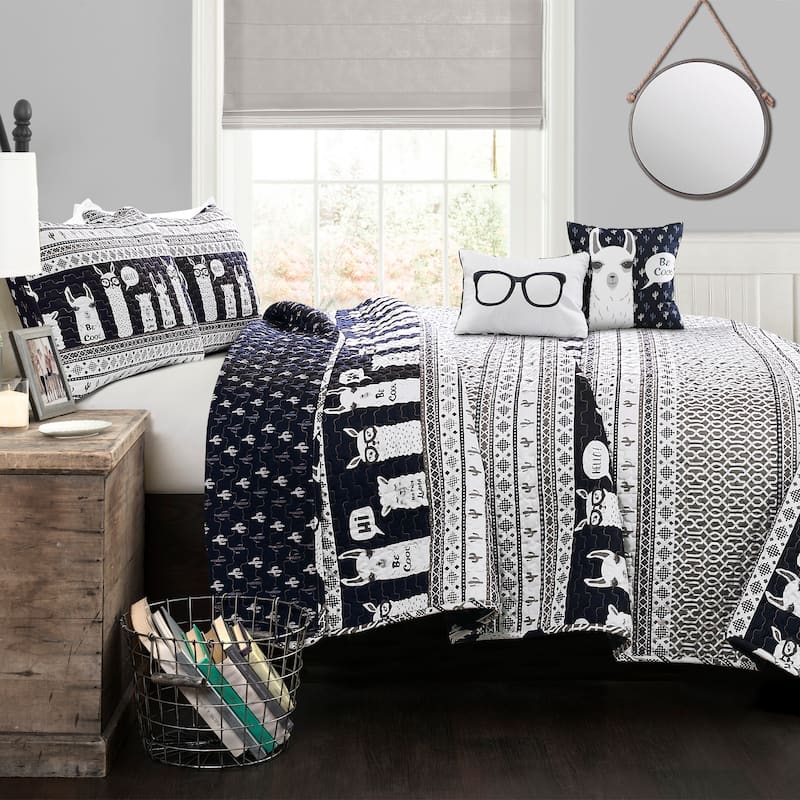 Lush Decor Llama Stripe Quilt Set - Navy - Full - Queen