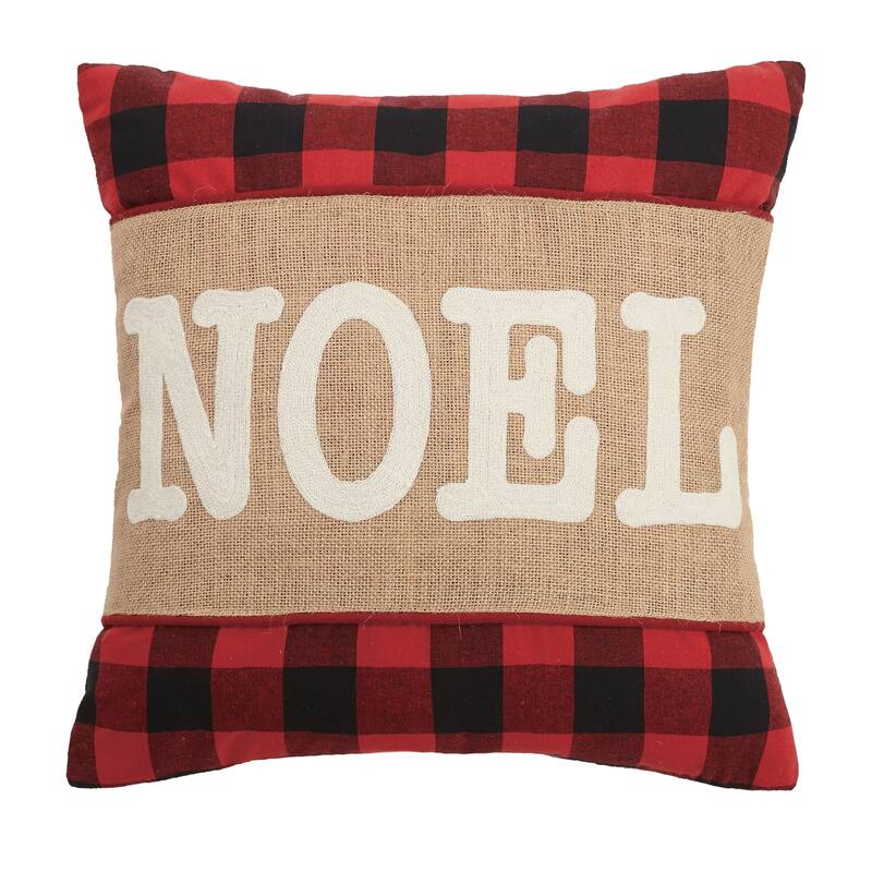 Noel Burlap Buffalo Plaid Holiday Throw Pillow