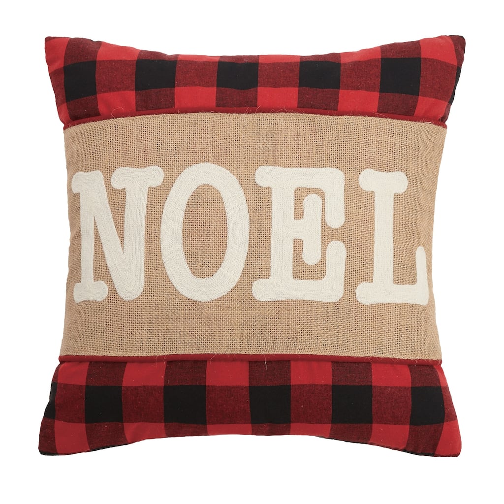 Noel Burlap Buffalo Plaid Holiday Throw Pillow