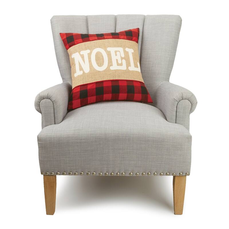 Noel Burlap Buffalo Plaid Holiday Throw Pillow