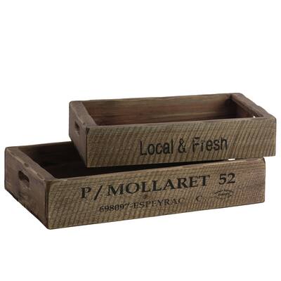 Rectangular Wooden Tray With Cutout Handles, Set of 2, Tan Brown