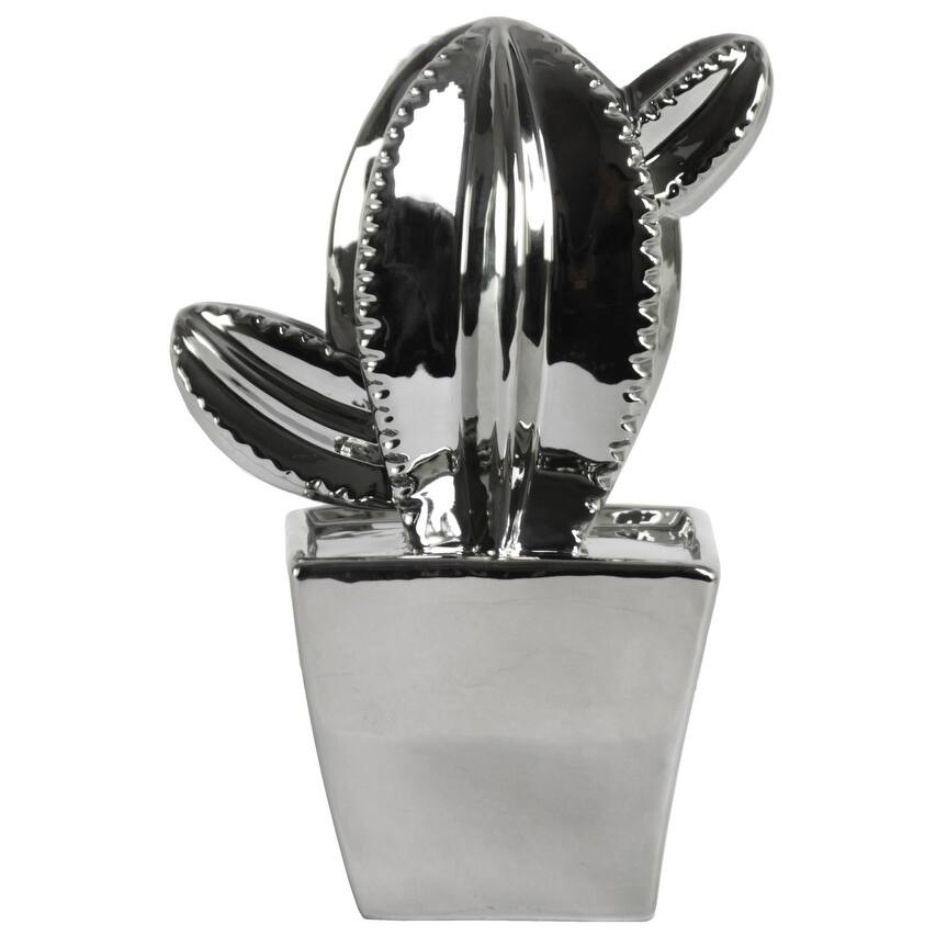 Ceramic Star Cactus Figurine on Square Tapered Pot, Silver