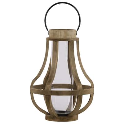 Wood Bellied Metal Handle Lantern With Hurricane Candle Holder, Large, Brown