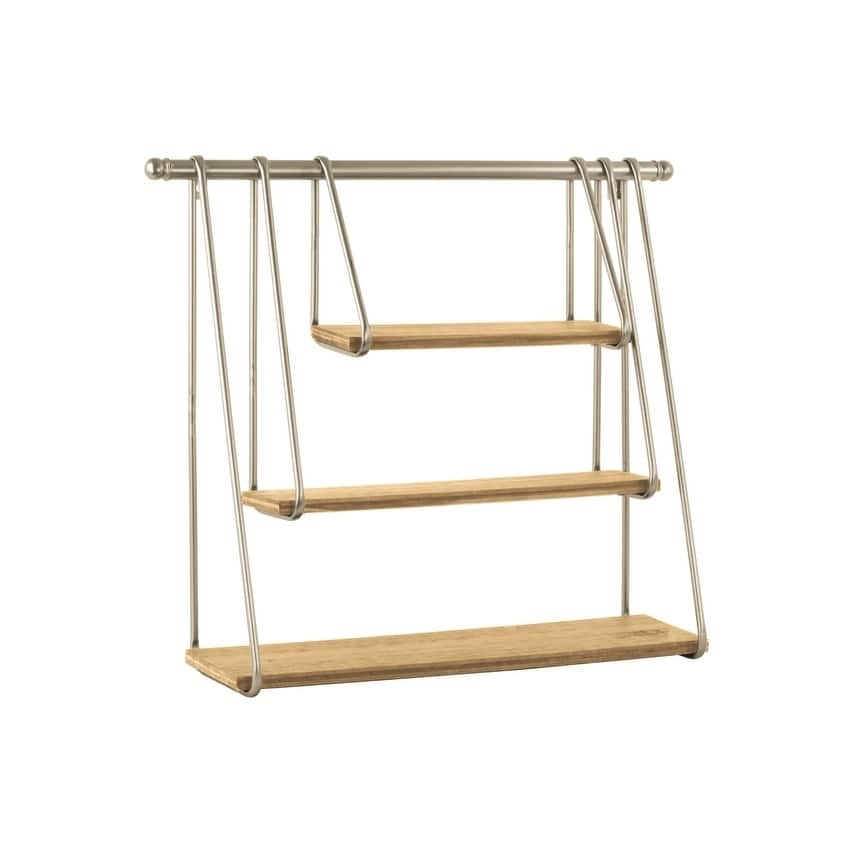 Metal Wall Shelf with 3 Hanging Wooden Tier , Metallic Gold