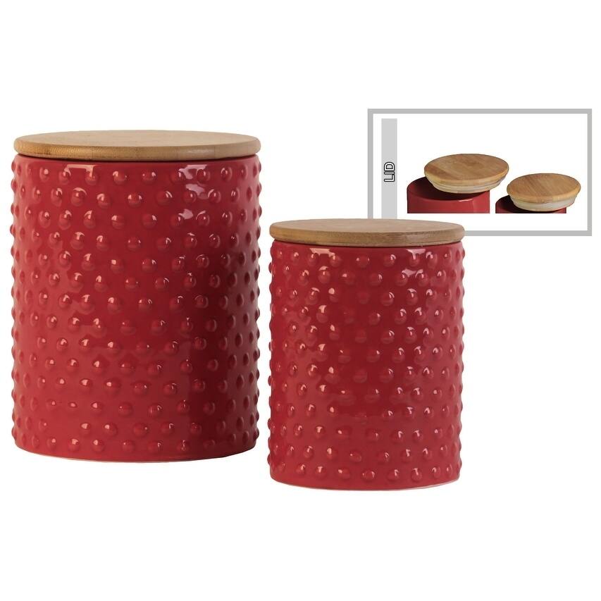Round Ceramic Canister With Pimpled Pattern, Set of 2, Red