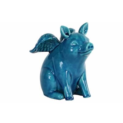 Winged Pig Sitting Figurine In Ceramic, Turquoise Blue