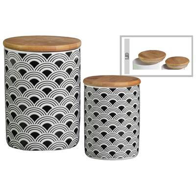 Geomatric Pattern Ceramic Canister, Set Of 2, White And Black