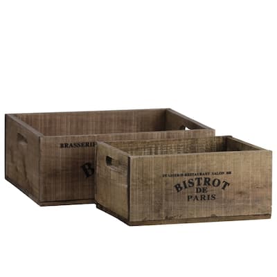 Wooden Labelled Tray With Cutout Side Handles, Set of 2, Natural Brown