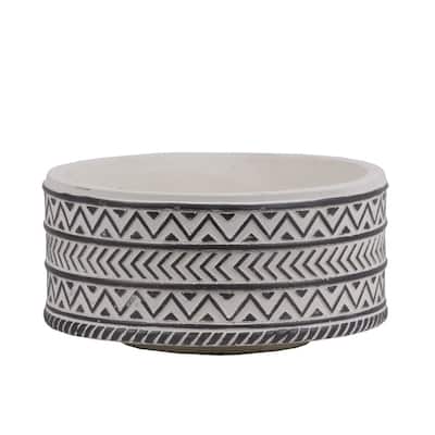 Stoneware Wide Round Pot With Black Embossed Lattice Chevron Design, Small, White