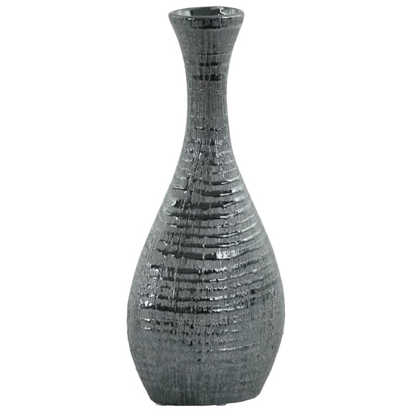 Ceramic Trumpet Mouth Bellied Oval Long Neck Vase In Ribbed Distressed Silver Finish
