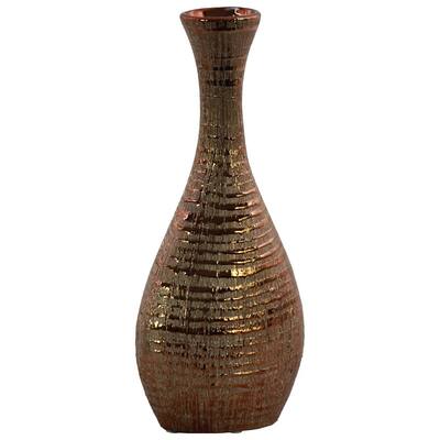 Ceramic Trumpet Mouth Bellied Oval Long Neck Vase In Ribbed Distressed Copper Finish