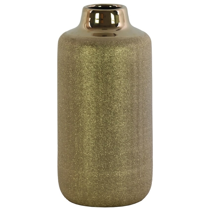 Round Ceramic Vase With Engraved Criss-Cross Design, Large, Gold