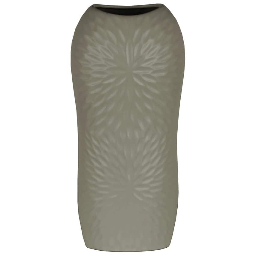 Ceramic Tall Engraved Leaf Design Half-Circle Vase, Large, Gray