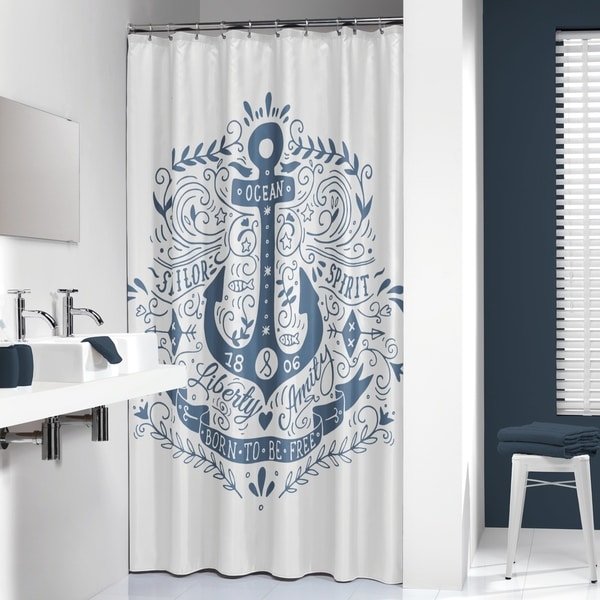 Shop Sealskin Extra Long Shower Curtain 78 x 72 Inch Anchor Blue And White Fabric  On Sale 