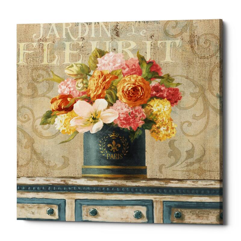 Epic Graffiti "Tulips in Teal and Gold Hatbox" by Danhui Nai, Giclee Canvas Wall Art - 26" x 26"