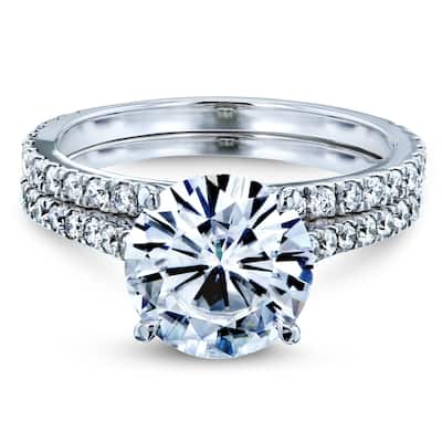 Annello by Kobelli 14k Gold 3-2/5ct TGW Basket Cathedral Round Moissanite and Diamond Bridal Rings Set (DEF/VS, GH/I)