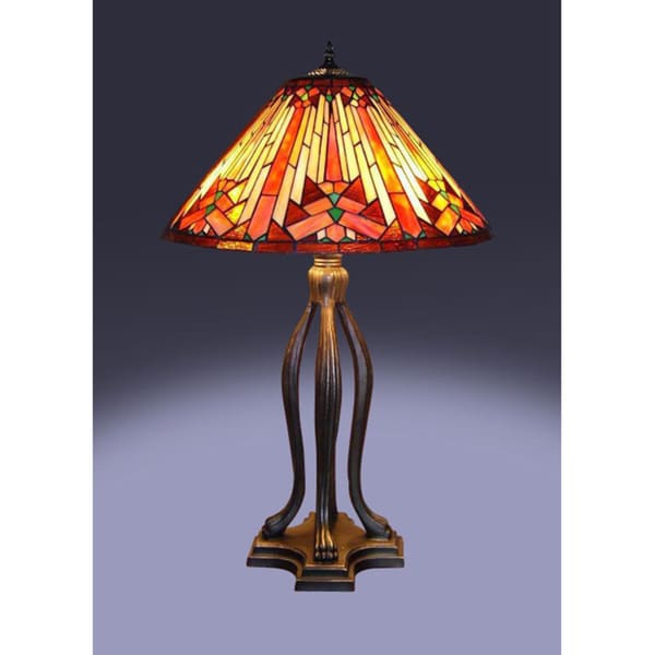 Tiffany Style Golden Mission Table Lamp with Lit Base