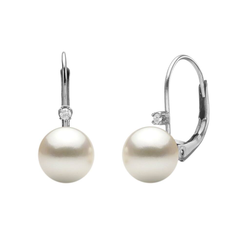 DaVonna 14k Gold White 6.5-7mm Akoya Pearl and Diamond Earrings with Gift Box