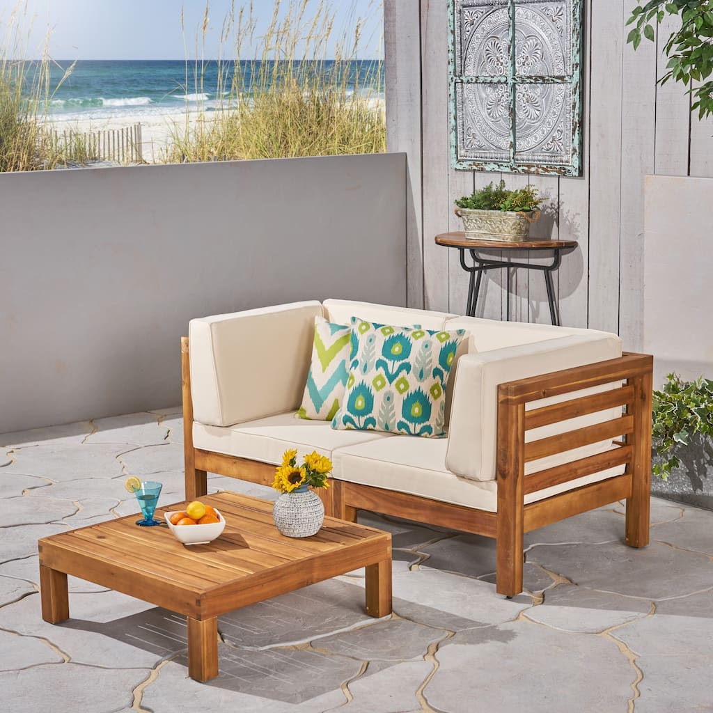 Oana Outdoor 2-Seater Acacia Wood Sectional Loveseat and Coffee Table Set with Cushions by Christopher Knight Home