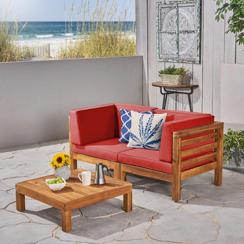 Oana Outdoor 2-Seater Acacia Wood Sectional Loveseat and Coffee Table Set with Cushions by Christopher Knight Home