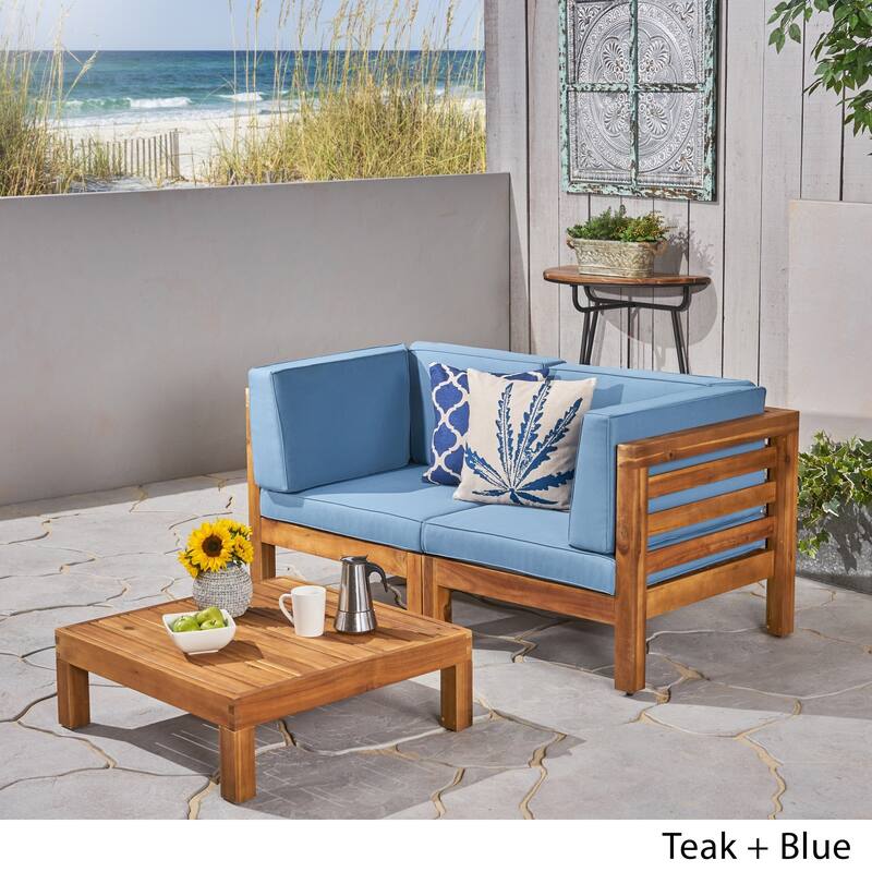 Oana Outdoor 2-Seater Acacia Wood Sectional Loveseat and Coffee Table Set with Cushions by Christopher Knight Home