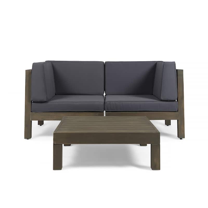 Oana Outdoor 2-Seater Acacia Wood Sectional Loveseat and Coffee Table Set with Cushions by Christopher Knight Home - gray + dark gray cushion