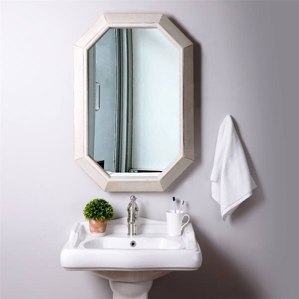 Glitzhome Farmhouse Washed White Octagon Wood Mirror 34 25 Glitzhome Farmhouse Washed White