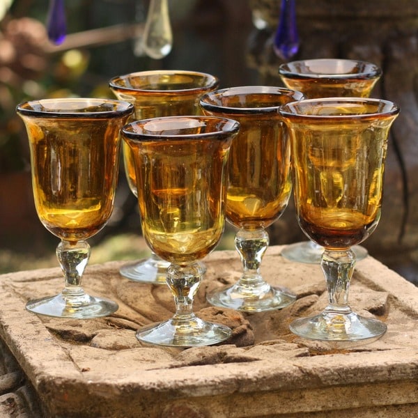 Shop Handmade Set of 6 Blown Glass Golden Amber Goblets (Mexico) - Free ...