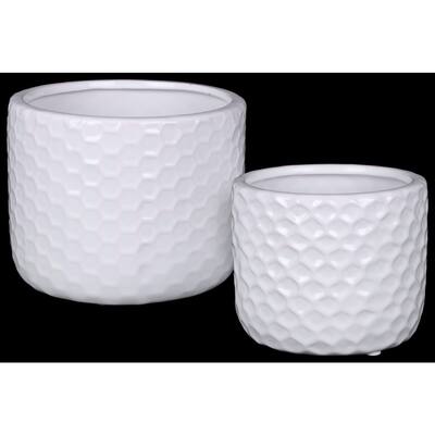 Ceramic Round Vase With Engraved Diamond Pattern, Set Of 2, White