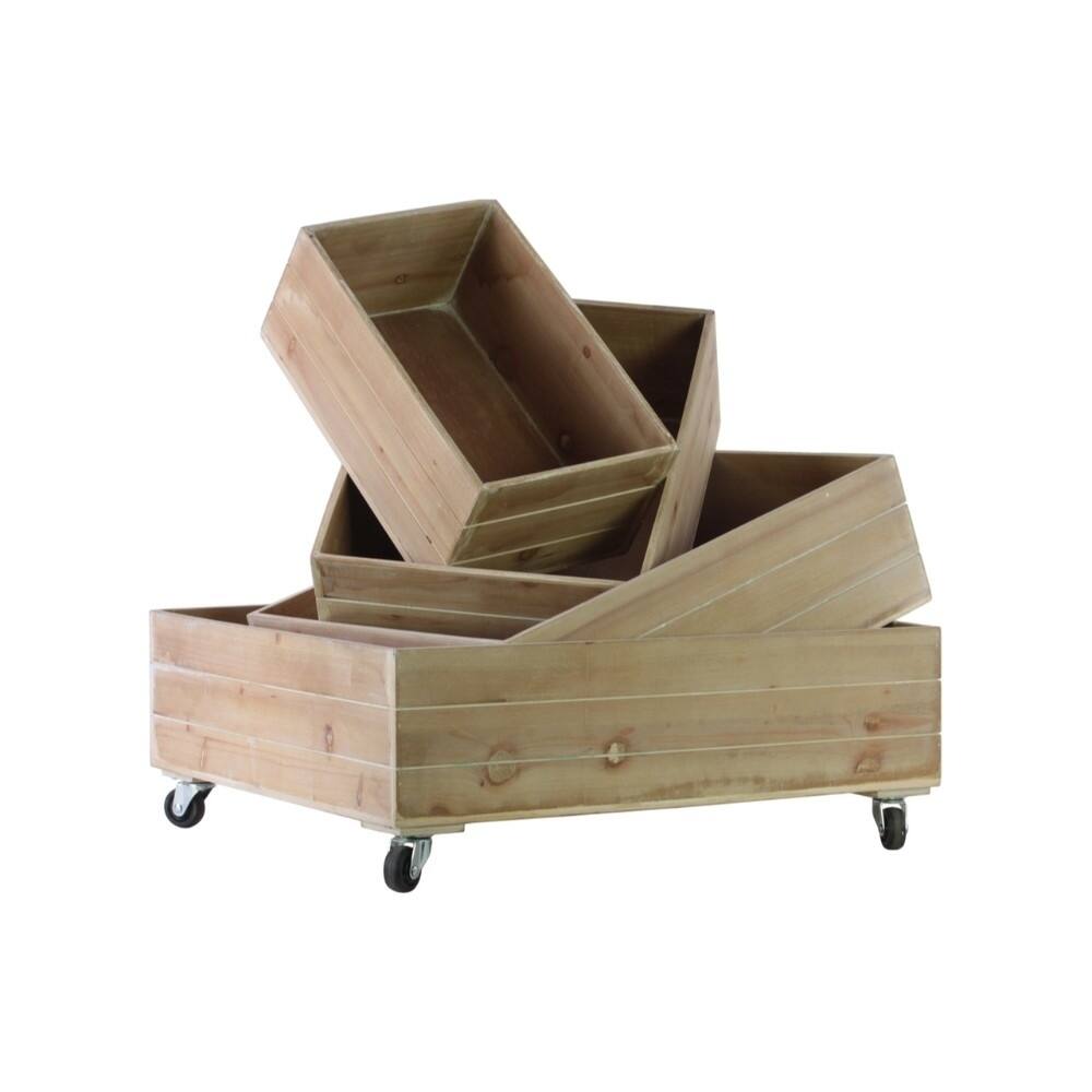 Wood Rectangle Tray with Wheels on the Largest Tray, Set of Four, Brown