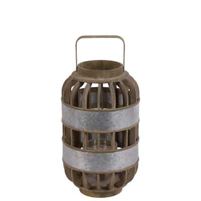 Wood Round Tall Lantern with Lattice Design Body and Handle, Brown