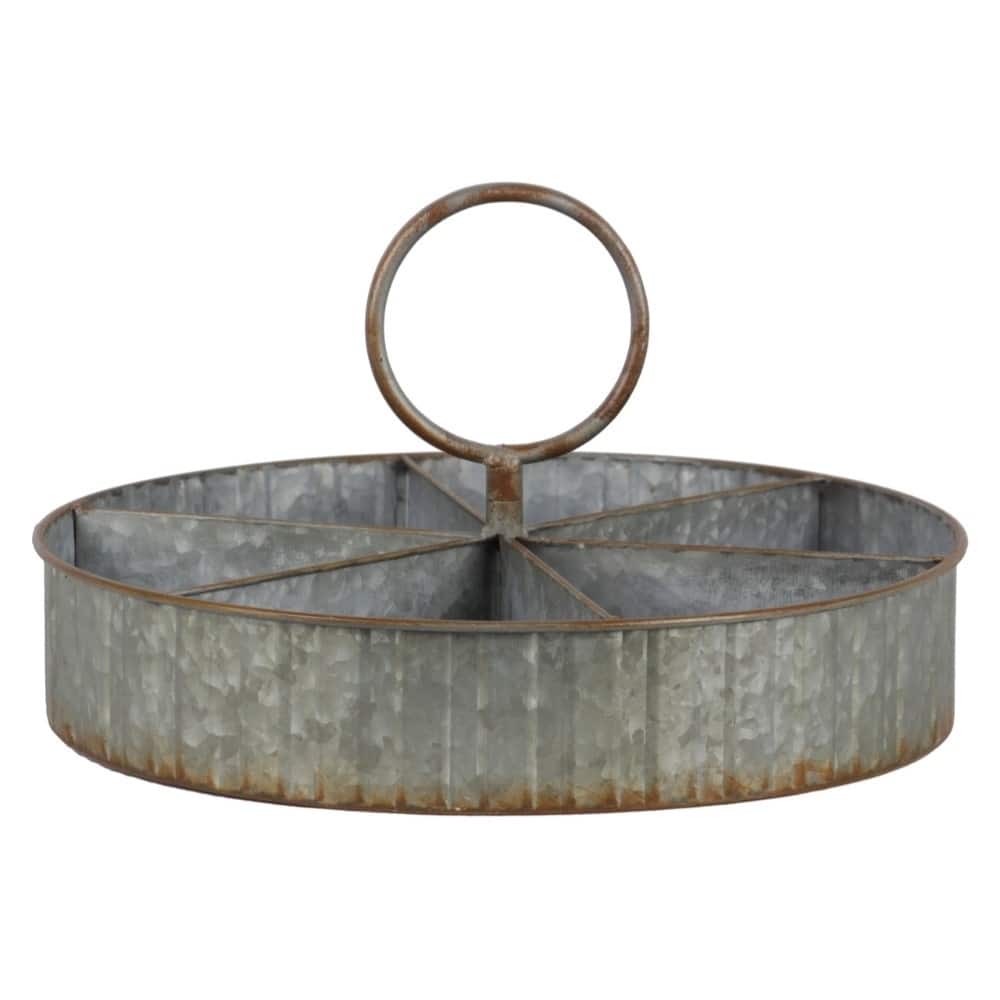 Metal Round Tray with 6 Slots and Ring Handle, Galvanized Gray