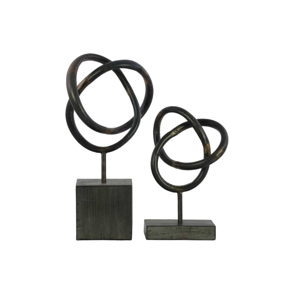 Metal Intertwined Circle Abstract Sculpture on Base, Gunmetal Gray, Set of 2