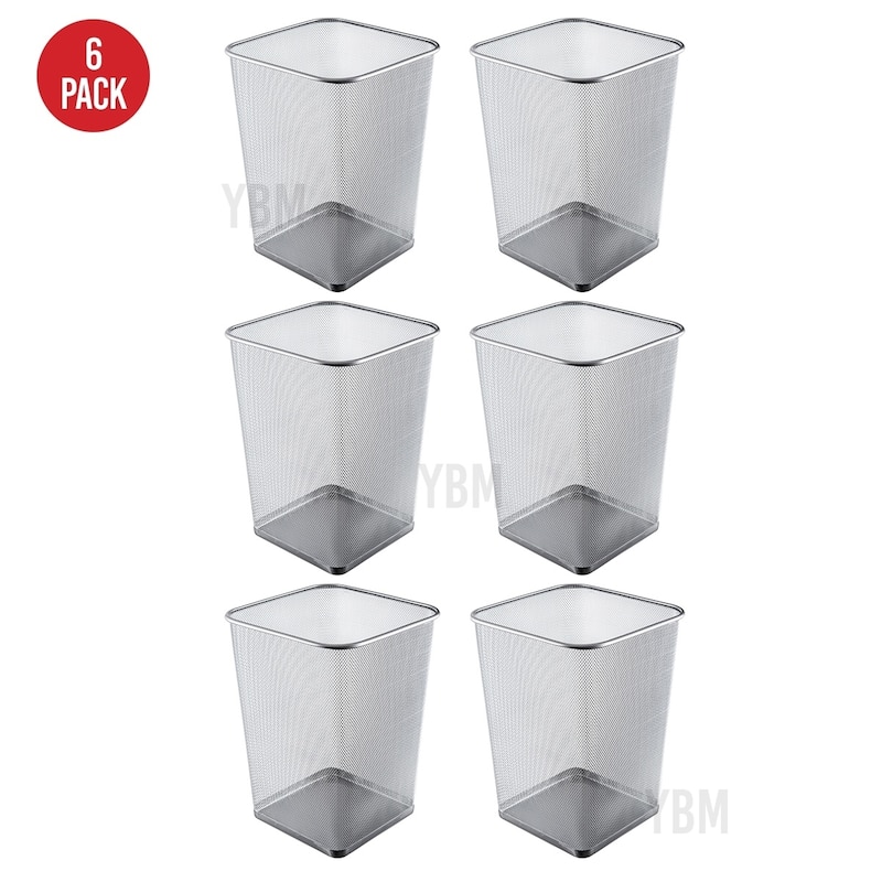 Ybm Home Steel Silver Mesh Square Open Top Waste Basket Wire Bin Trash Can for Office Kitchen Bathroom Home 5 Gallon 6 Pack