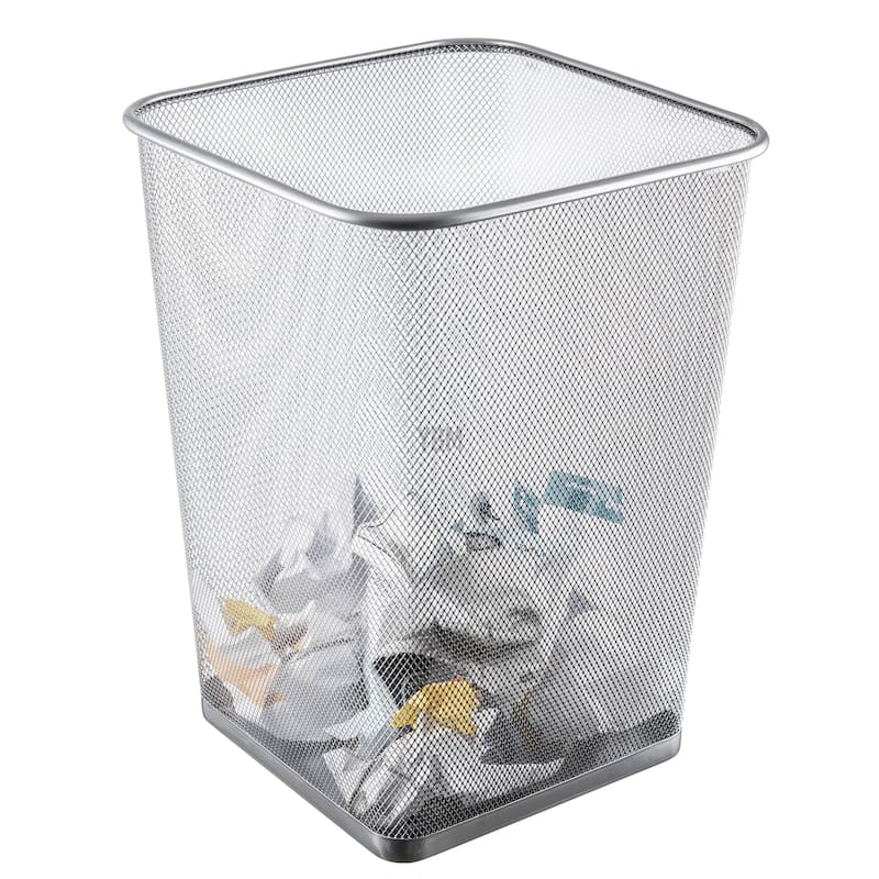 Ybm Home Steel Silver Mesh Square Open Top Waste Basket Wire Bin Trash Can for Office Kitchen Bathroom Home Capacity 5 Gallon
