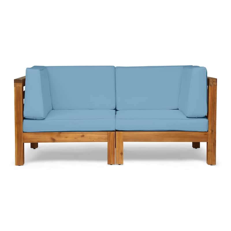 Oana Outdoor 2-seater Sectional Acacia Loveseat by Christopher Knight Home - teak + blue cushion