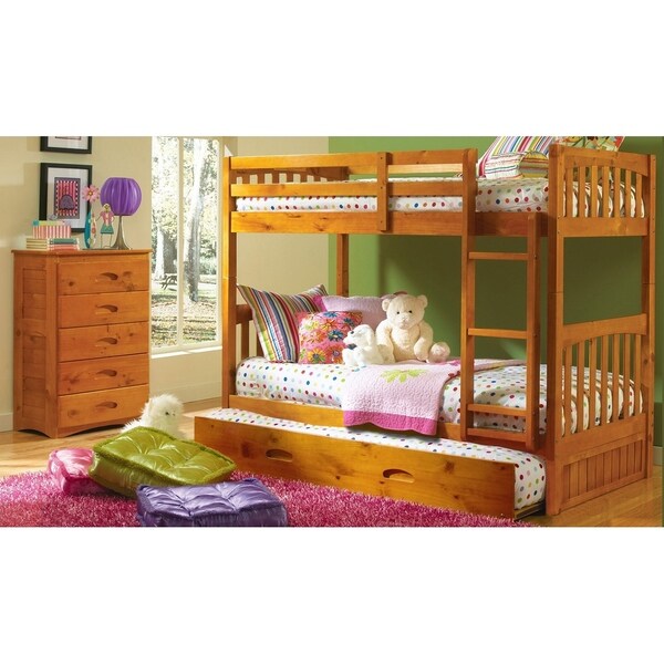 American Furniture Classics Model 2111-TTHT, Solid Pine Twin/Twin Bunk Bed with Roll out Twin Trundle Bed in Honey