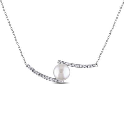 Miadora Sterling Silver Cultured Freshwater Pearl Created White Sapphire Necklace (10-11 mm)