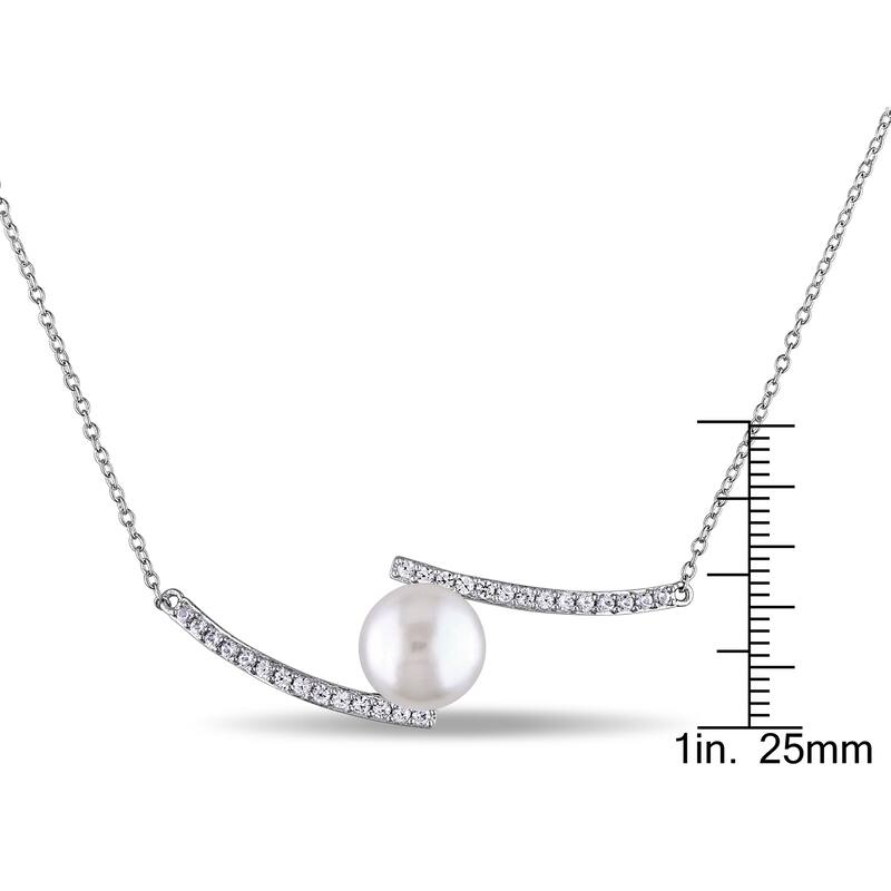 Miadora Sterling Silver Cultured Freshwater Pearl Created White Sapphire Necklace (10-11 mm)