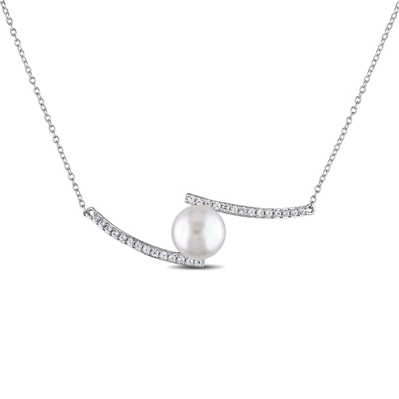 Miadora Sterling Silver Cultured Freshwater Pearl Created White Sapphire Necklace (10-11 mm)