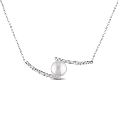 Miadora Sterling Silver Cultured Freshwater Pearl Created White Sapphire Necklace (10-11 mm)
