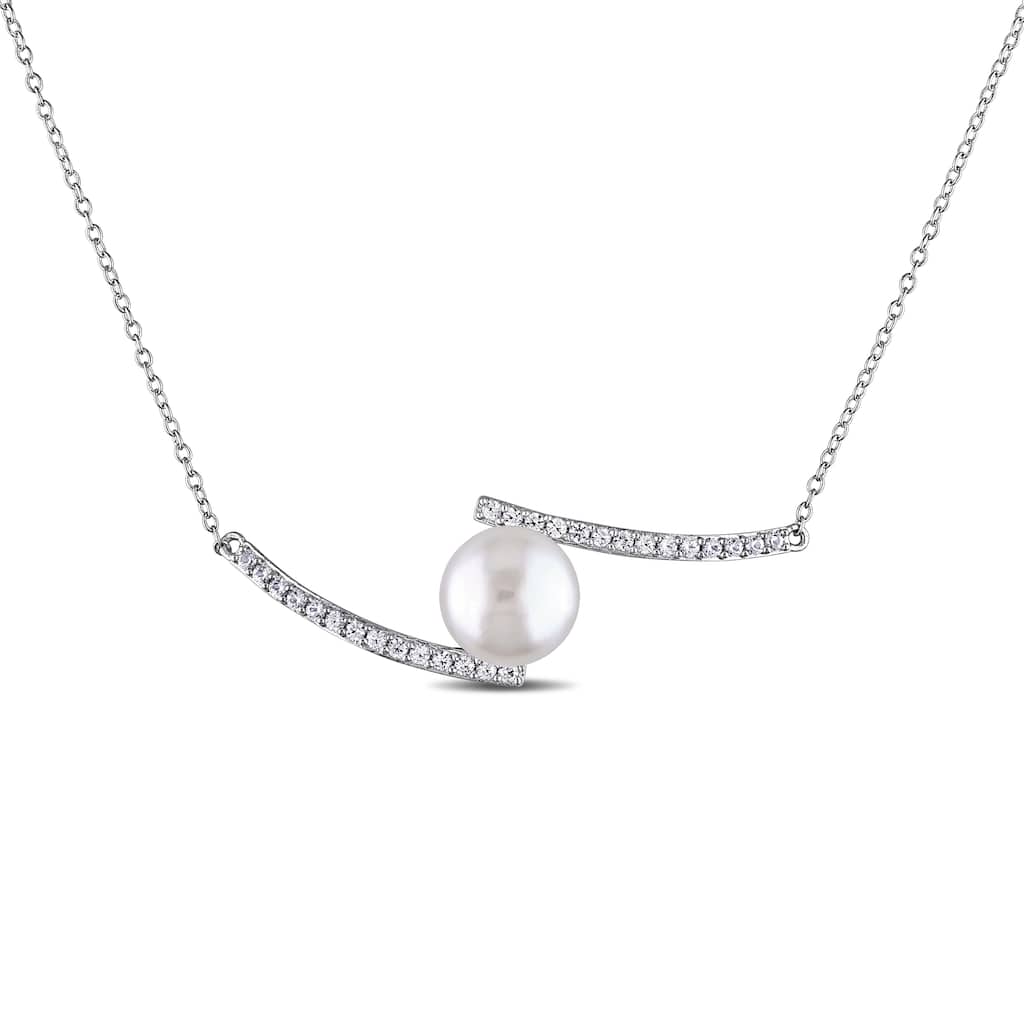 Miadora Sterling Silver Cultured Freshwater Pearl Created White Sapphire Necklace (10-11 mm)