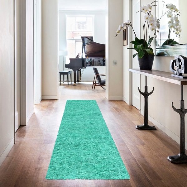 Superior Elegant, Plush, Hand-Woven Ocean Blue Shag Runner Rug - 2'3" x 13'