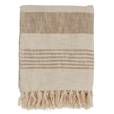 Cotton Throw With Striped And Tasseled Design