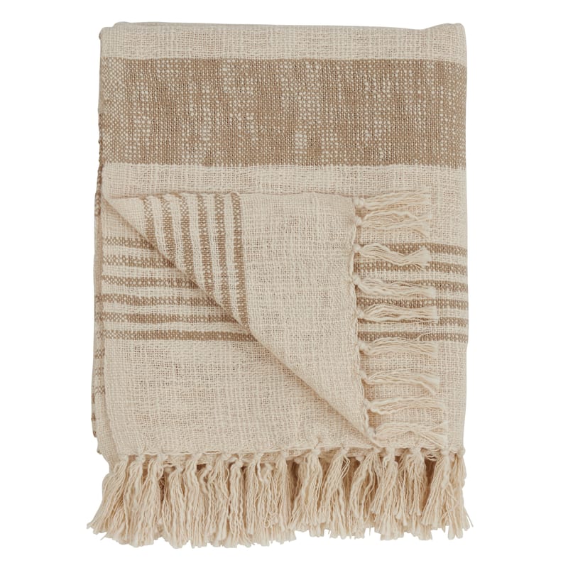 Cotton Throw With Striped And Tasseled Design