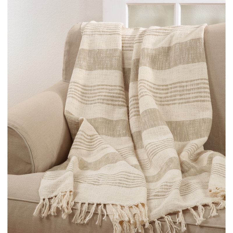 Cotton Throw With Striped And Tasseled Design